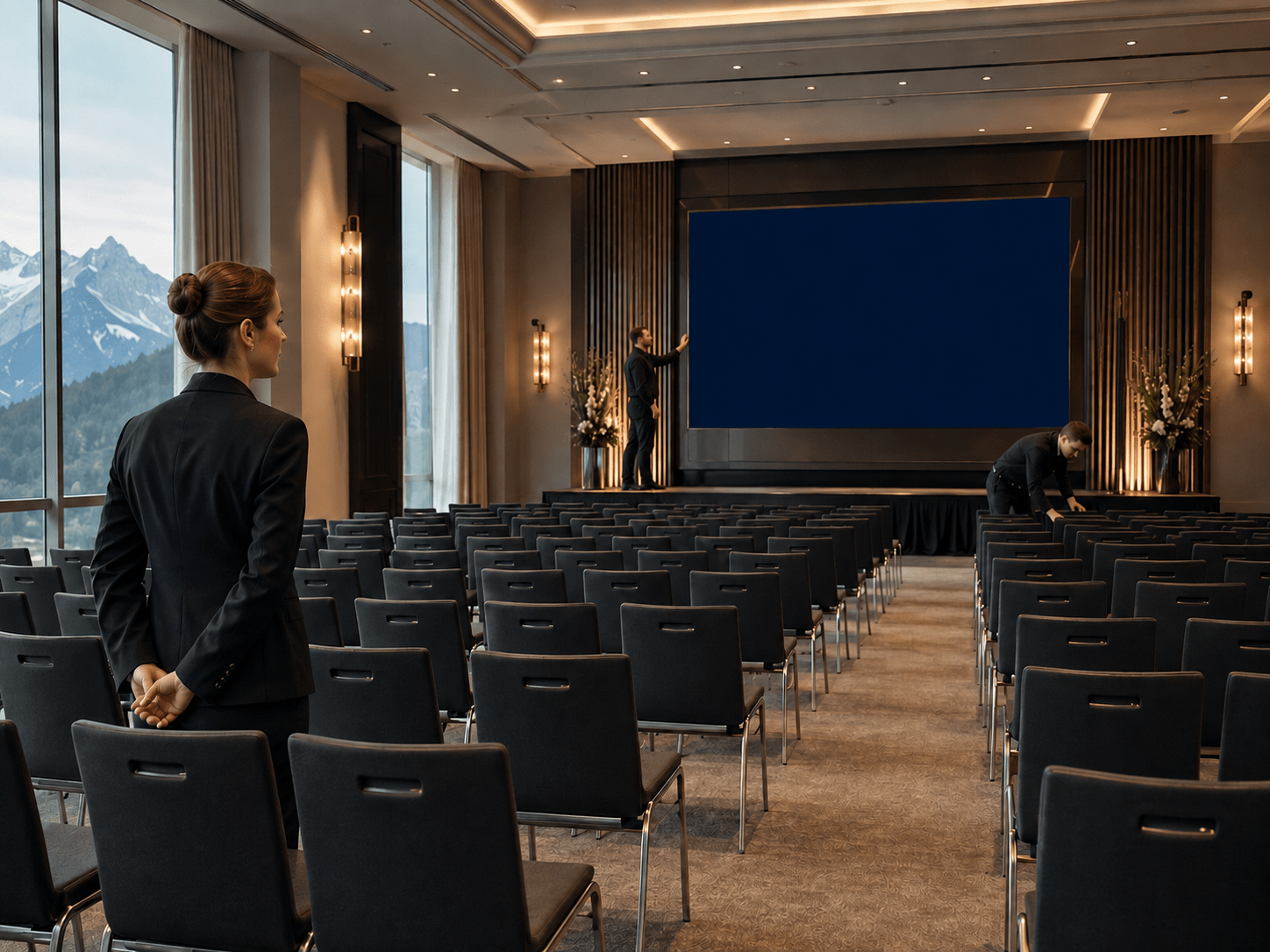 Corporate meeting venue prepared before delegates arrive in Switzerland
