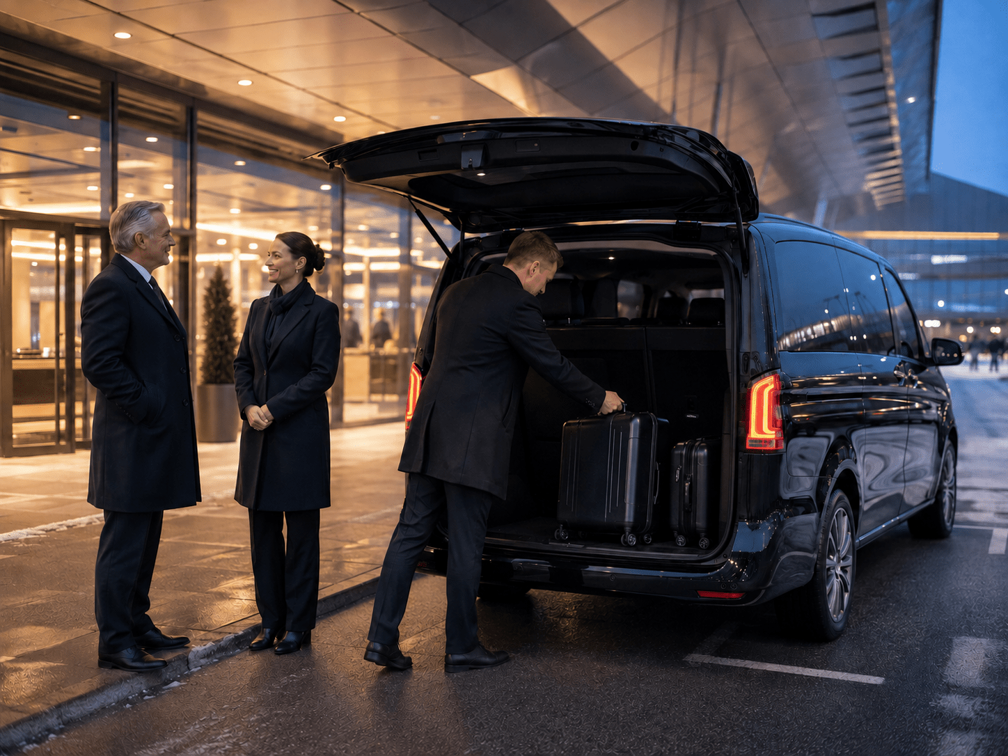 Airport meet-and-assist team coordinating luggage and executive vehicle transfer
