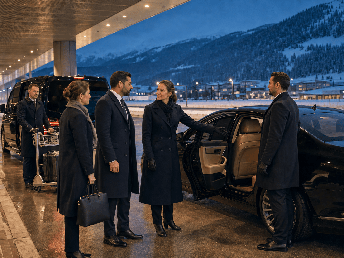 VIP airport arrival and executive transfer prepared for a Swiss winter programme