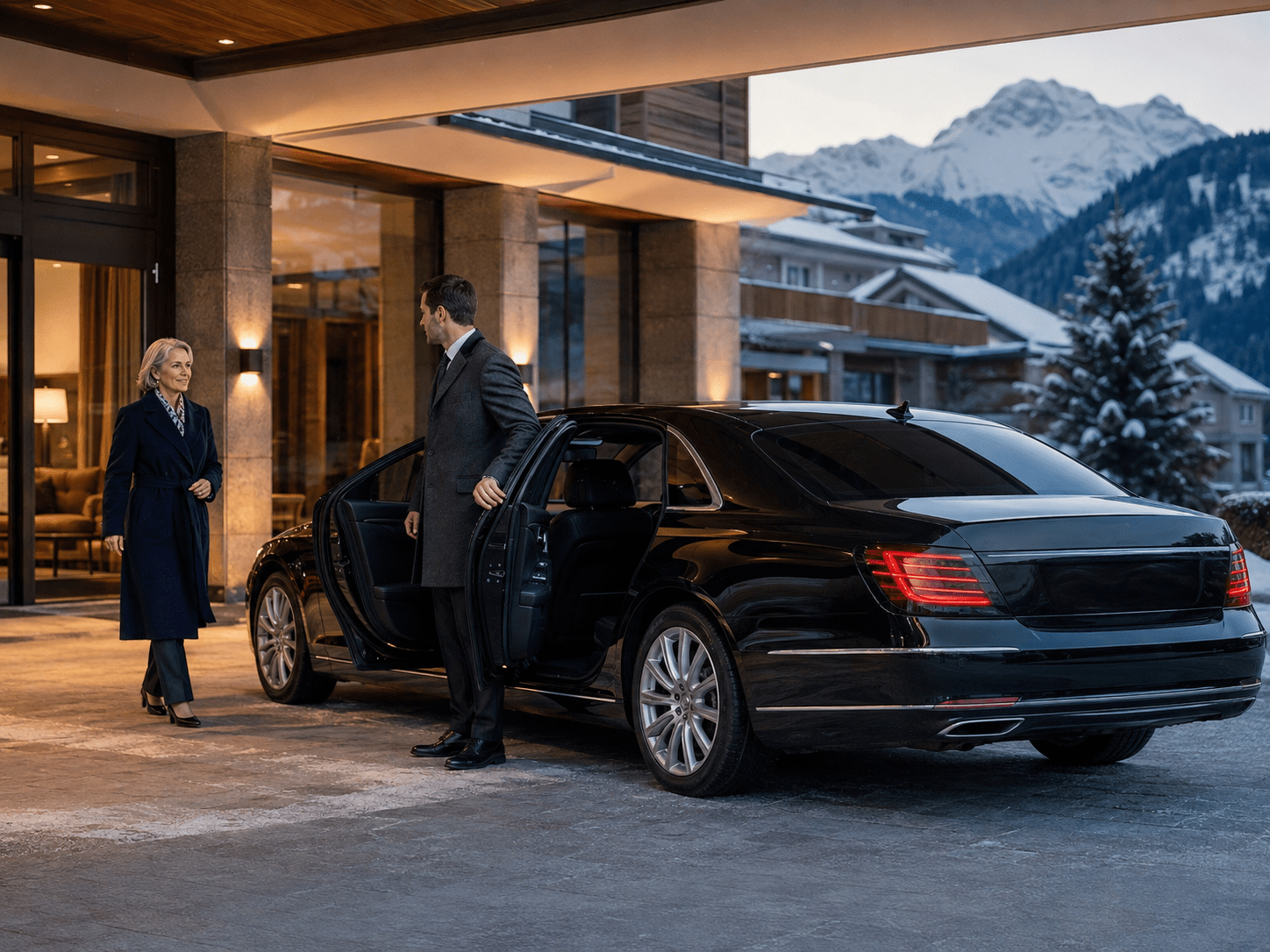 Executive chauffeur receiving a guest at a Swiss hotel