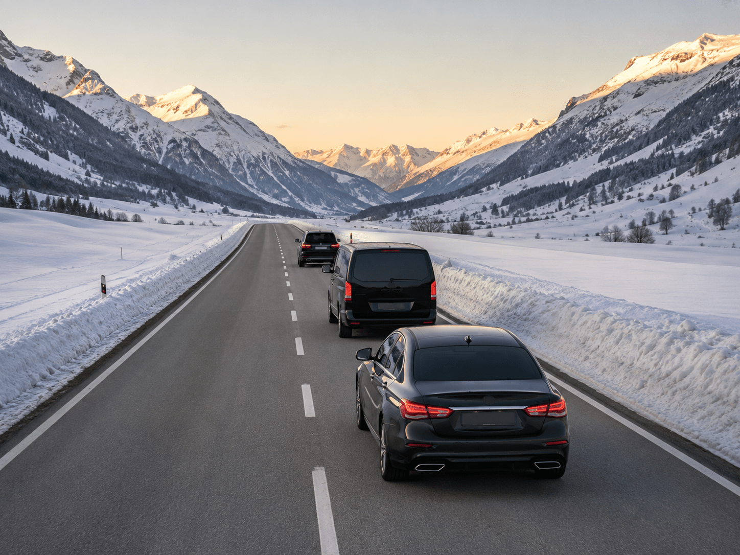 Executive vehicles travelling through a prepared Swiss winter route