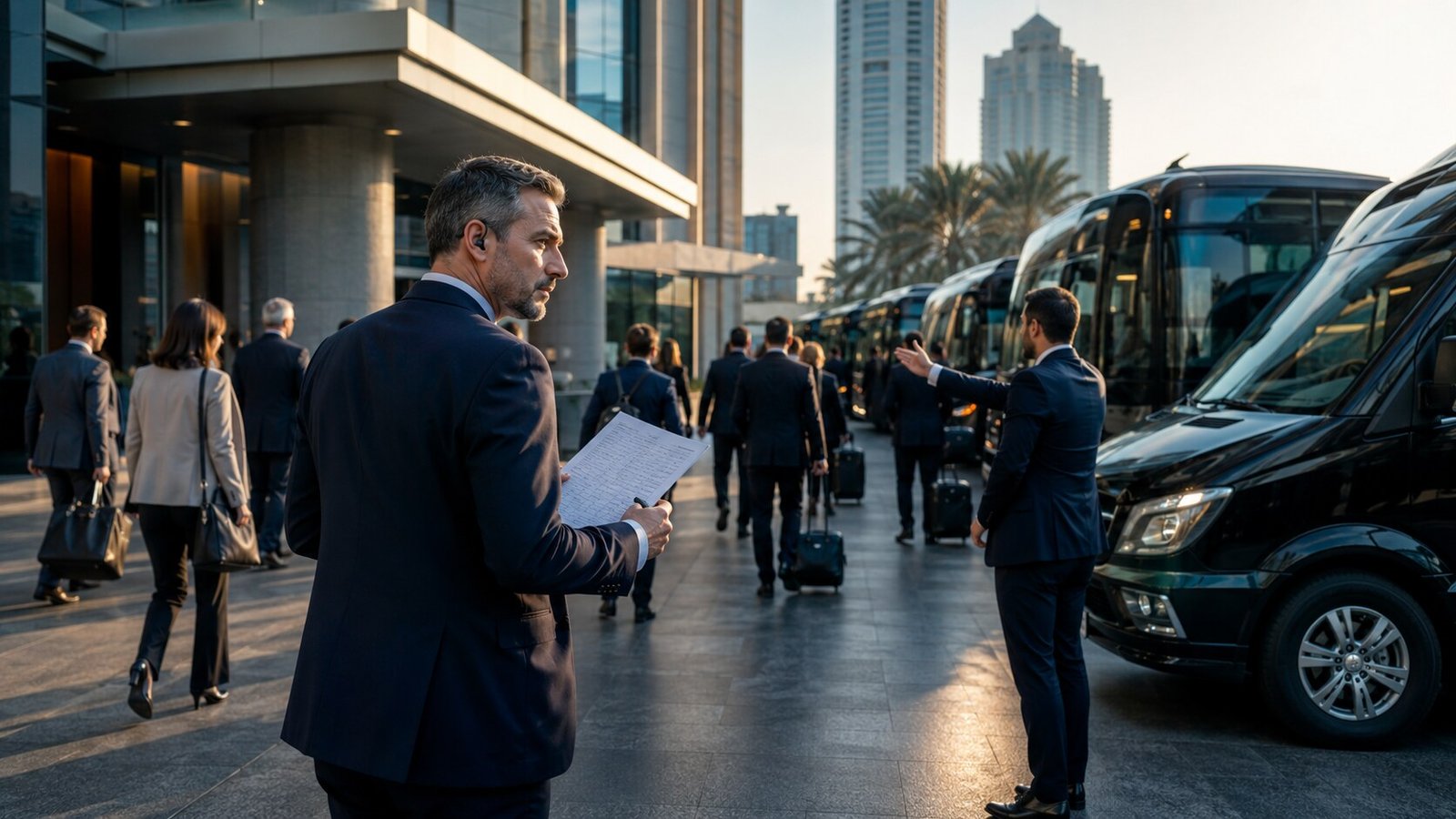 تنسيق صعود وفد شركة كبير لمعرض مع نقل تنفيذي في دبي